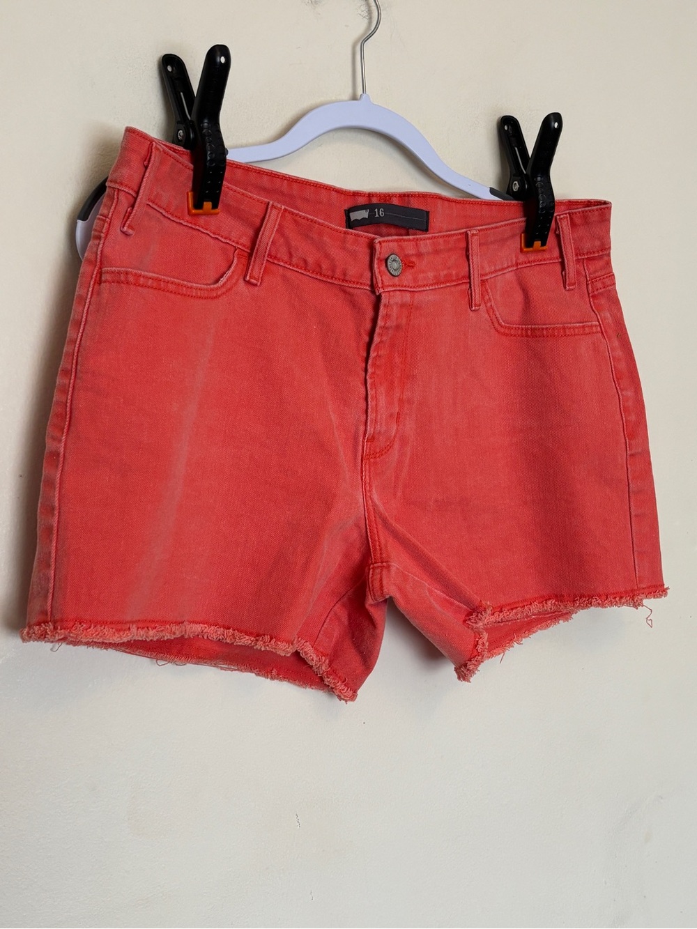 Levi's High Waisted Orange Denim Shorts Sz 16 W33 Cutoff Frayed Festival Boho